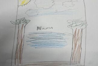 Teckning av träd, moln och sol