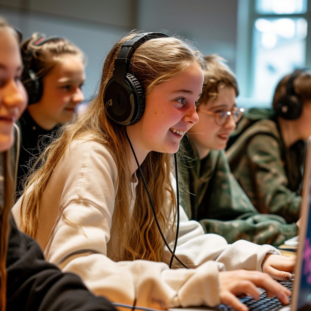 Barn som sitter och jobbar på datorer