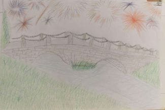 En teckning av en bro med fyrverkerier