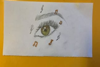 teckning av ett öga och noter