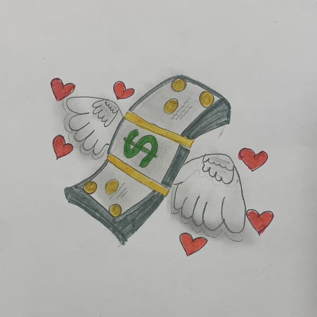 teckning av sedlar med vingar och hjärtan