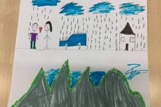 teckning av två personer en bil och ett hus i regn