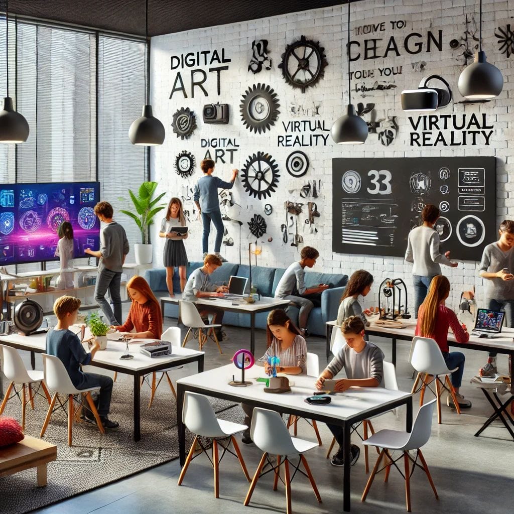 A modern and cool classroom setting with diverse students engaged in creative activities. The classroom has a sleek design with advanced technology li