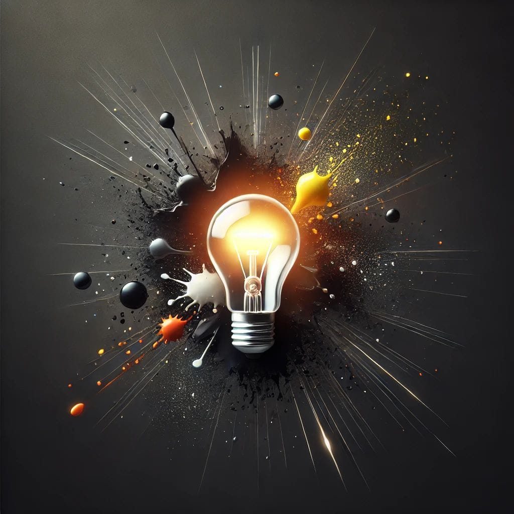 DALL·E minimalist and edgy close-up image of creativity bursting out. Focus on a single glowing light bulb and a few paint splashes emerging from a central