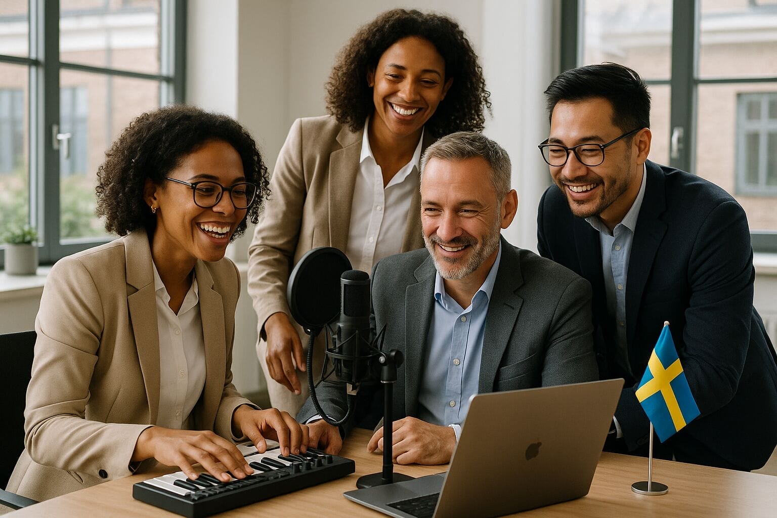 Företagsteam som skapar musik tillsammans under en kreativ kick-off med Optagonen